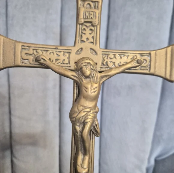 Gold Crucifix Statue Solid Brass Vintage